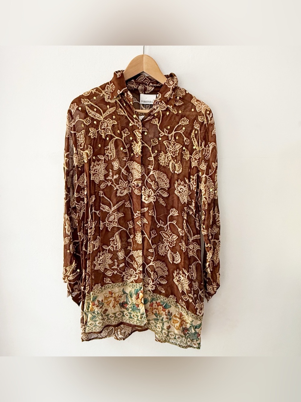 NWT Vintage Women Sheer Floral Sequin Beaded Button Down Tunic Top Large Boho‎